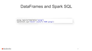 DataFrames and Spark SQL
31
young.registerTempTable("young")
sqlContext.sql("SELECT count(*) FROM young")
 