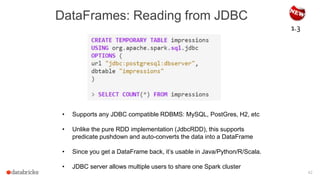 42
DataFrames: Reading from JDBC
1.3
• Supports any JDBC compatible RDBMS: MySQL, PostGres, H2, etc
• Unlike the pure RDD implementation (JdbcRDD), this supports
predicate pushdown and auto-converts the data into a DataFrame
• Since you get a DataFrame back, it’s usable in Java/Python/R/Scala.
• JDBC server allows multiple users to share one Spark cluster
 