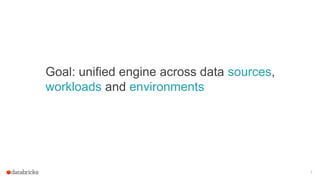 7
Goal: unified engine across data sources,
workloads and environments
 