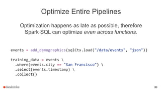 Optimize Entire Pipelines
Optimization happens as late as possible, therefore
Spark SQL can optimize even across functions.
80
events = add_demographics(sqlCtx.load("/data/events", "json"))
training_data = events 
.where(events.city == "San Francisco") 
.select(events.timestamp) 
.collect()
 