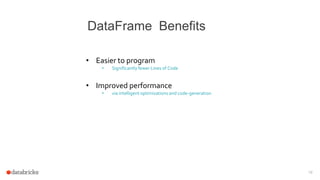 19
DataFrame Benefits
• Easier to program
• Significantly fewer Lines of Code
• Improved performance
• via intelligent optimizations and code-generation
 