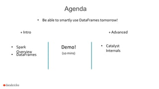 Agenda
• Be able to smartly use DataFrames tomorrow!
+ Intro + Advanced
Demo!• Spark
Overview
• Catalyst
Internals
• DataFrames (10 mins)
 