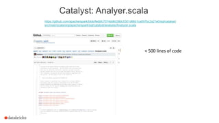 Catalyst: Analyer.scala
https://github.com/apache/spark/blob/fedbfc7074dd6d38dc5301d66d1ca097bc2a21e0/sql/catalyst/
src/main/scala/org/apache/spark/sql/catalyst/analysis/Analyzer.scala
< 500 lines of code
 