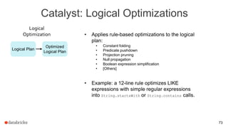 Catalyst: Logical Optimizations
73
Logical Plan
Optimized
Logical Plan
Logical
Optimization • Applies rule-based optimizations to the logical
plan:
• Constant folding
• Predicate pushdown
• Projection pruning
• Null propagation
• Boolean expression simplification
• [Others]
• Example: a 12-line rule optimizes LIKE
expressions with simple regular expressions
into String.startsWith or String.contains calls.
 