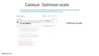 Catalyst: Optimizer.scala
https://github.com/apache/spark/blob/fedbfc7074dd6d38dc5301d66d1ca097bc2a21e0/sql/catalyst/
src/main/scala/org/apache/spark/sql/catalyst/optimizer/Optimizer.scala
< 700 lines of code
 