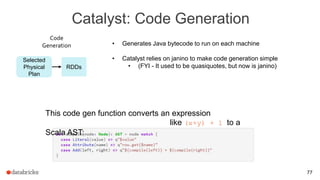 Catalyst: Code Generation
77
• Generates Java bytecode to run on each machine
• Catalyst relies on janino to make code generation simple
• (FYI - It used to be quasiquotes, but now is janino)RDDs
Selected
Physical
Plan
Code
Generation
This code gen function converts an expression
like (x+y) + 1 to a
Scala AST:
 