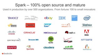 Spark – 100% open source and mature
Used in production by over 500 organizations. From fortune 100 to small innovators
 