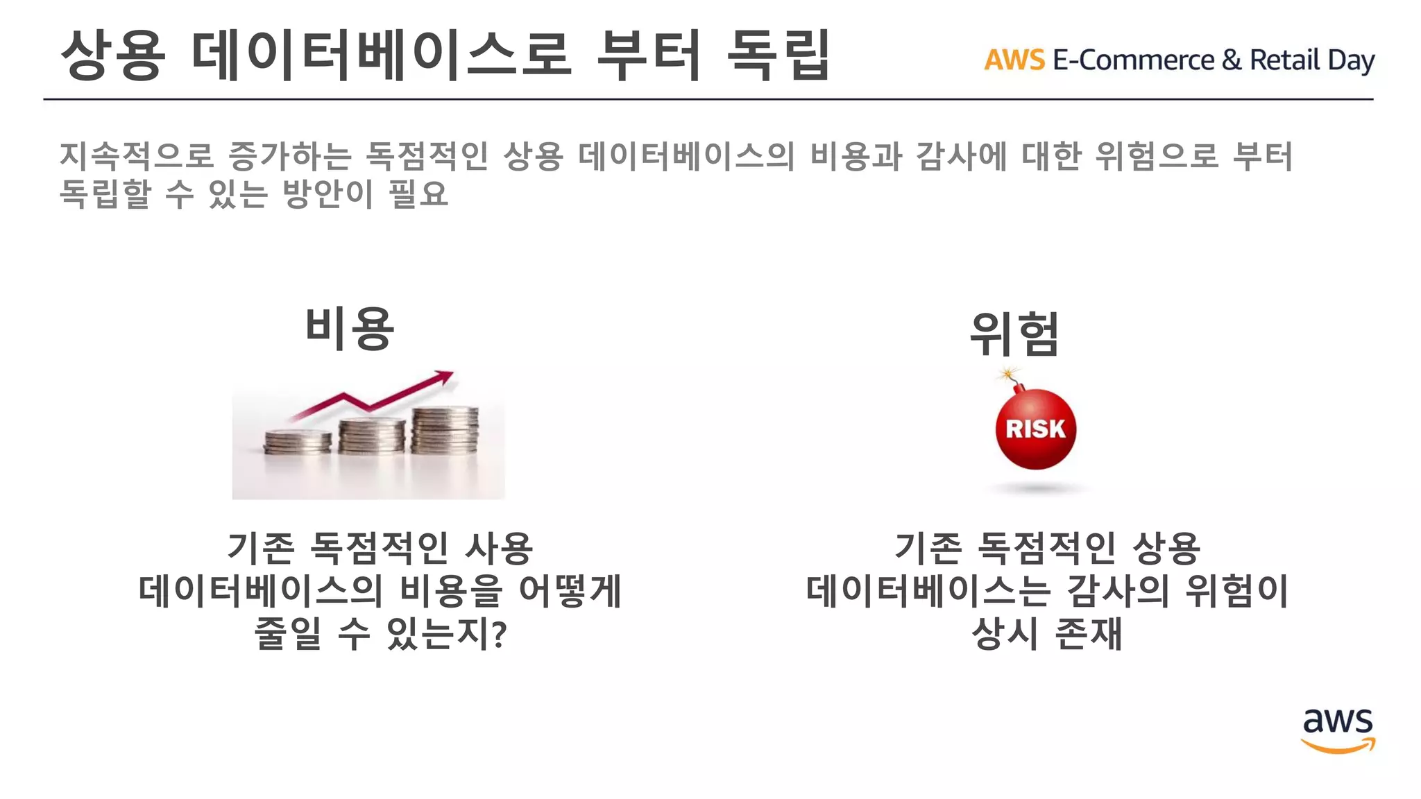 상용 데이터베이스로 부터 독립
지속적으로 증가하는 독점적인 상용 데이터베이스의 비용과 감사에 대한 위험으로 부터
독립할 수 있는 방안이 필요
기존 독점적인 사용
데이터베이스의 비용을 어떻게
줄일 수 있는지?
기존 독점적인 상용
데이터베이스는 감사의 위험이
상시 존재
비용 위험
 