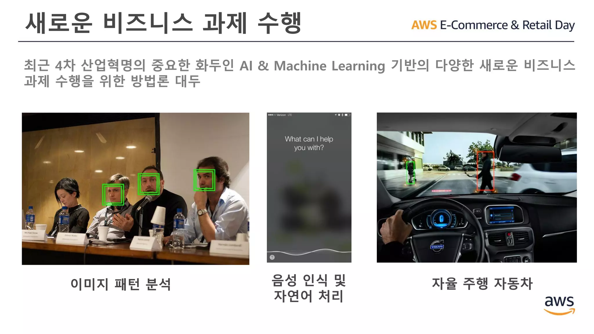 새로운 비즈니스 과제 수행
최근 4차 산업혁명의 중요한 화두인 AI & Machine Learning 기반의 다양한 새로운 비즈니스
과제 수행을 위한 방법론 대두
이미지 패턴 분석 음성 인식 및
자연어 처리
자율 주행 자동차
 