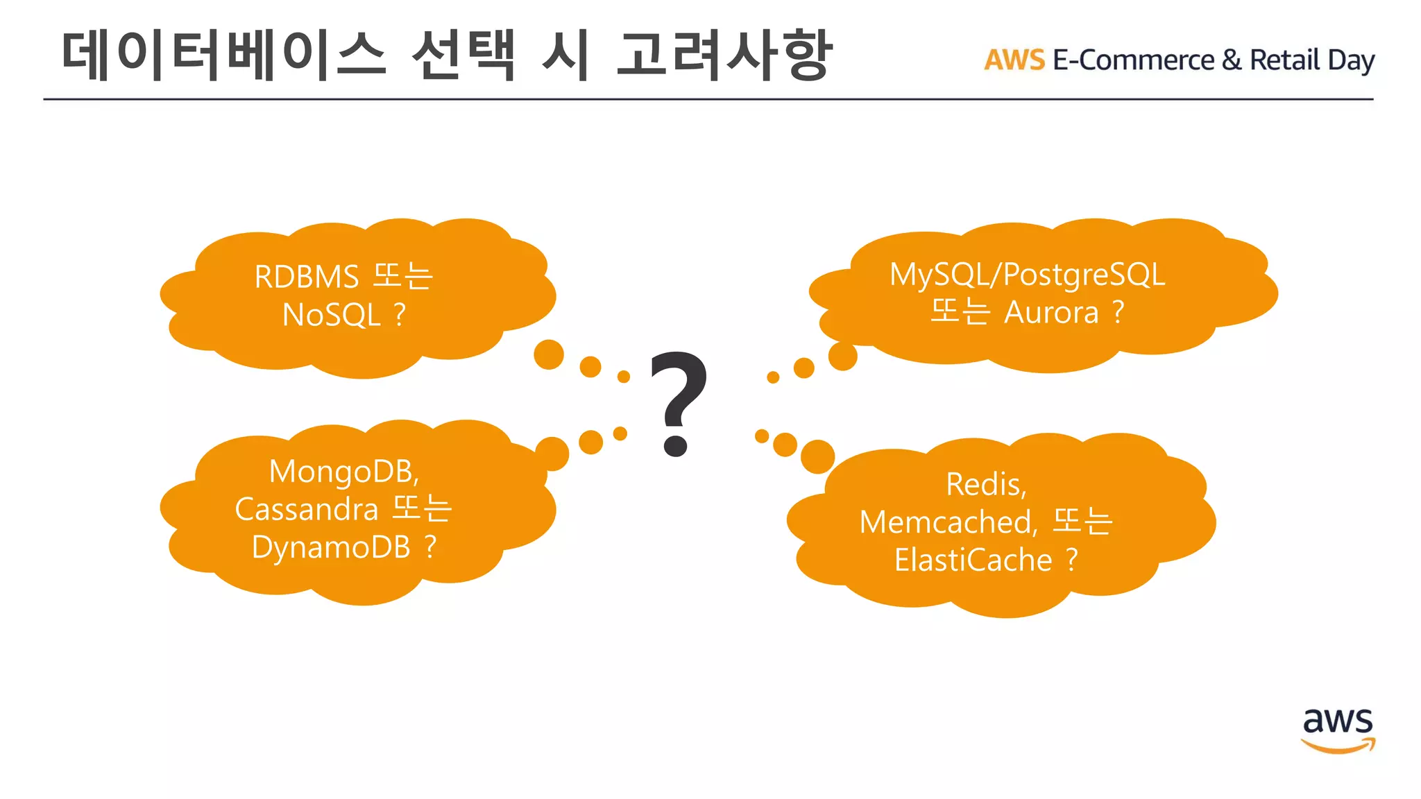 데이터베이스 선택 시 고려사항
RDBMS 또는
NoSQL ?
MySQL/PostgreSQL
또는 Aurora ?
Redis,
Memcached, 또는
ElastiCache ?
?MongoDB,
Cassandra 또는
DynamoDB ?
 