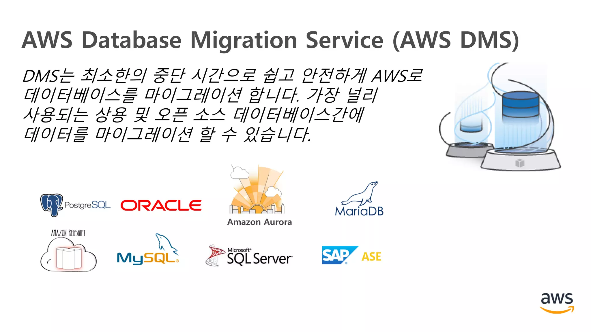 AWS Database Migration Service (AWS DMS)
DMS는 최소한의 중단 시간으로 쉽고 안전하게 AWS로
데이터베이스를 마이그레이션 합니다. 가장 널리
사용되는 상용 및 오픈 소스 데이터베이스간에
데이터를 마이그레이션 할 수 있습니다.
Amazon Aurora
 
