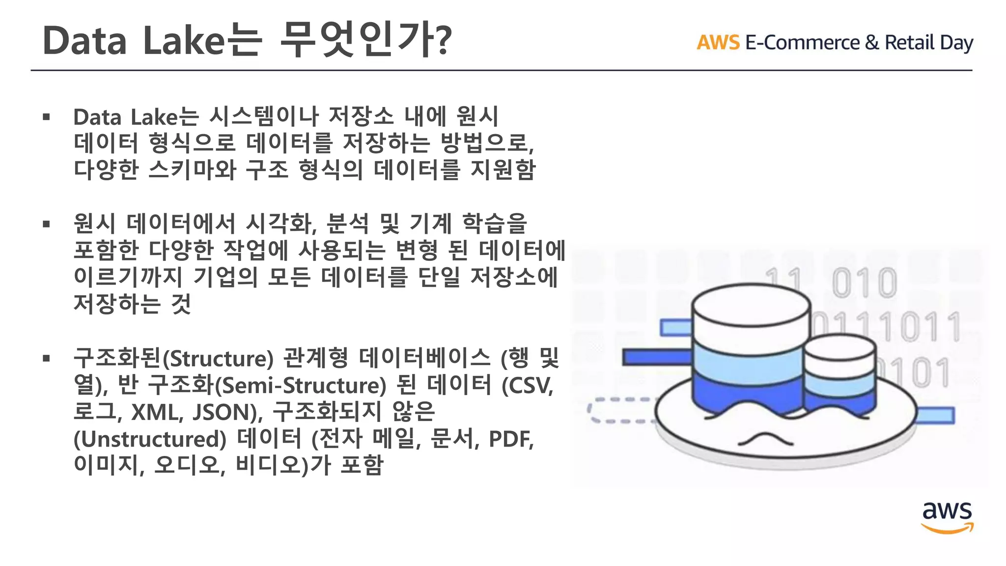 Data Lake는 무엇인가?
▪ Data Lake는 시스템이나 저장소 내에 원시
데이터 형식으로 데이터를 저장하는 방법으로,
다양한 스키마와 구조 형식의 데이터를 지원함
▪ 원시 데이터에서 시각화, 분석 및 기계 학습을
포함한 다양한 작업에 사용되는 변형 된 데이터에
이르기까지 기업의 모든 데이터를 단일 저장소에
저장하는 것
▪ 구조화된(Structure) 관계형 데이터베이스 (행 및
열), 반 구조화(Semi-Structure) 된 데이터 (CSV,
로그, XML, JSON), 구조화되지 않은
(Unstructured) 데이터 (전자 메일, 문서, PDF,
이미지, 오디오, 비디오)가 포함
 