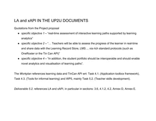 LA and xAPI IN THE UP2U DOCUMENTS
Quotations from the Project proposal
● specific objective 1​ – “real-time assessment of interactive learning paths supported by learning
analytics”
● specific objective 2​ – “… Teachers will be able to assess the progress of the learner in real-time
and share data with the Learning Record Store, LMS ... via rich standard protocols (such as
OneRoster or the Tin Can API)”
● specific objective 4​ – “In addition, the student portfolio should be interoperable and should enable
novel analytics and visualisation of learning paths”.
The ​Workplan ​references learning data and TinCan API wrt: Task 4.1. (Application toolbox framework),
Task 4.3. (Tools for informal learning) and WP5, mainly Task 5.2. (Teacher skills development).
Deliverable 5.2.​ references LA and xAPI, in particular in sections: 3.6, 4.1.2, 4.2, Annex D, Annex E.
 
