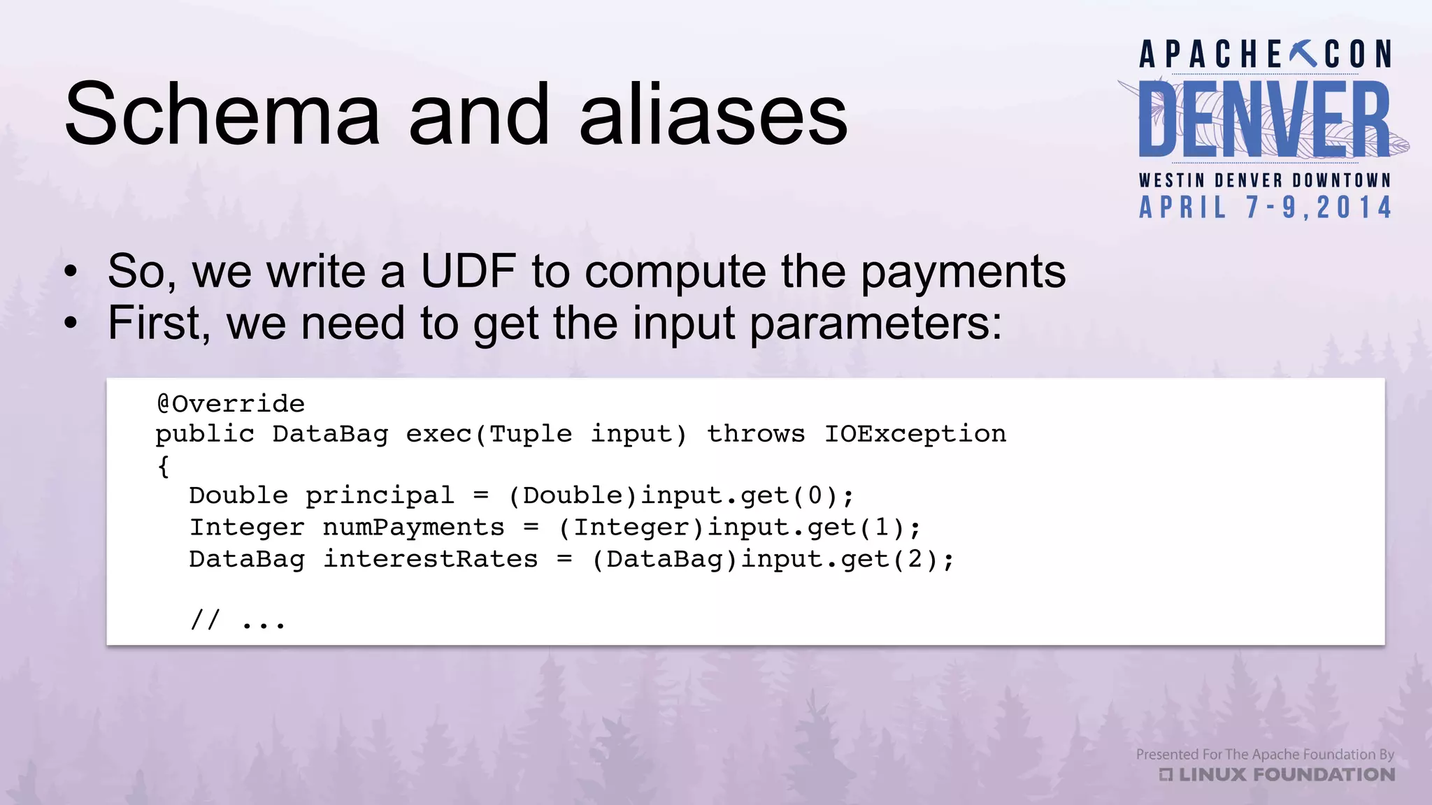 Schema and aliases
•  So, we write a UDF to compute the payments
•  First, we need to get the input parameters:
@Override!
public DataBag exec(Tuple input) throws IOException!
{!
Double principal = (Double)input.get(0);!
Integer numPayments = (Integer)input.get(1);!
DataBag interestRates = (DataBag)input.get(2);!
!
// ...!
 