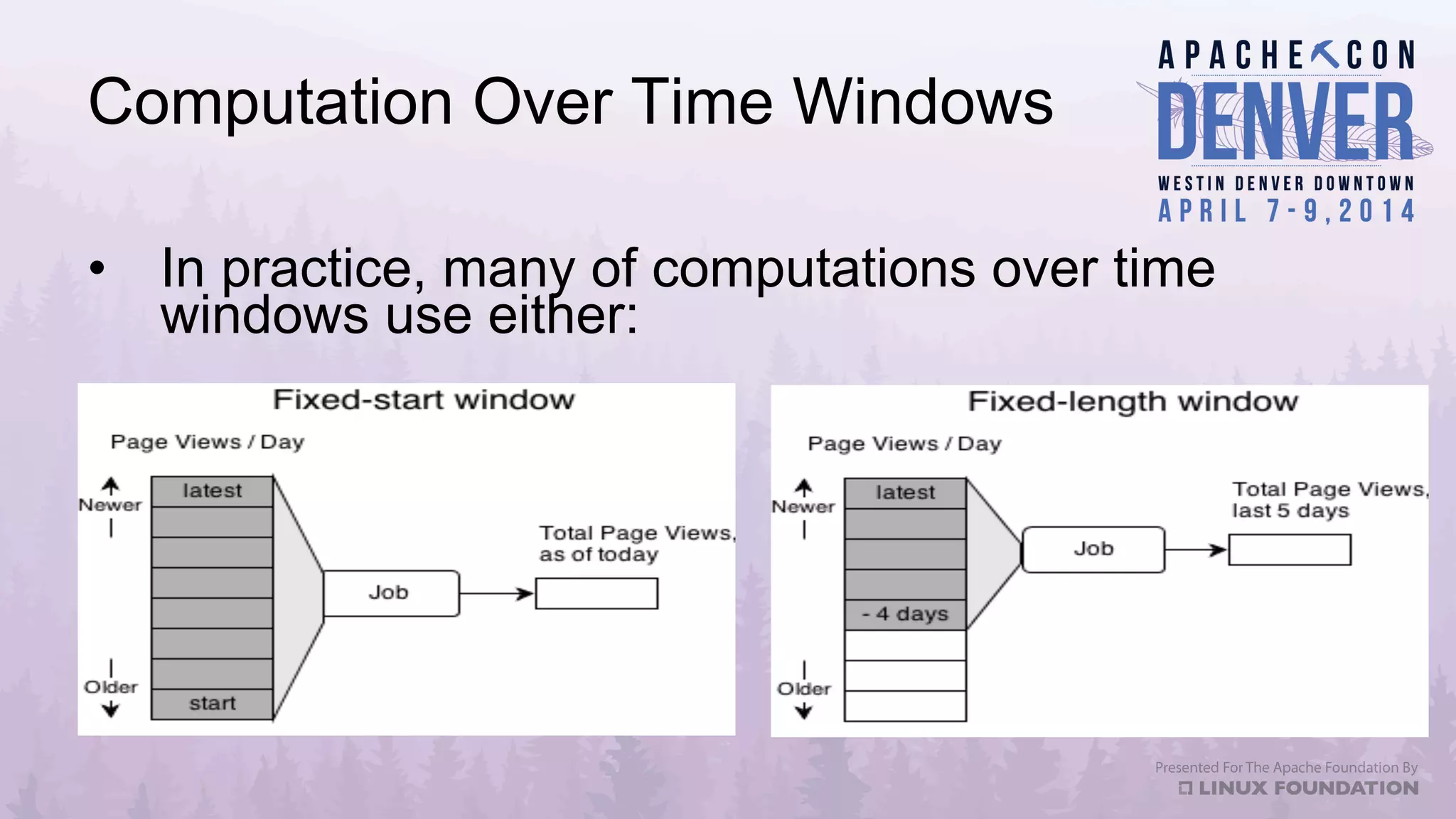 Computation Over Time Windows
•  In practice, many of computations over time
windows use either:
 