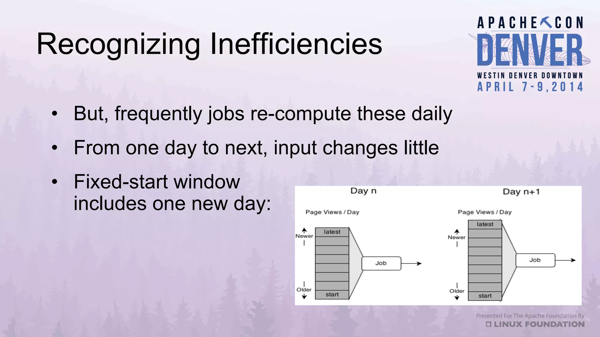 Recognizing Inefficiencies
•  But, frequently jobs re-compute these daily
•  From one day to next, input changes little
•  Fixed-start window
includes one new day:
 