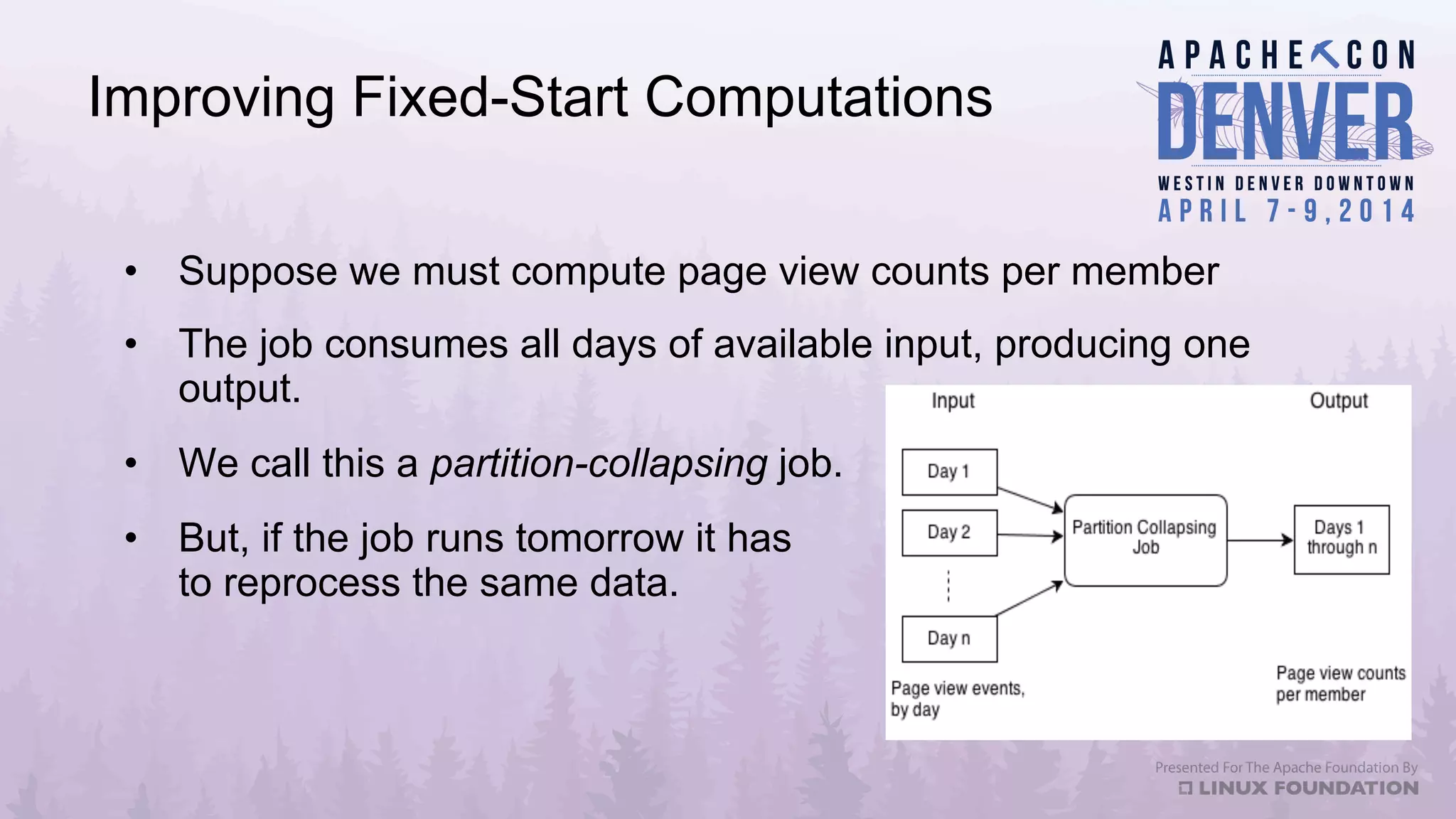 Improving Fixed-Start Computations
•  Suppose we must compute page view counts per member
•  The job consumes all days of available input, producing one
output.
•  We call this a partition-collapsing job.
•  But, if the job runs tomorrow it has
to reprocess the same data.
 