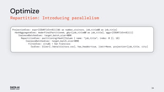 Optimize
Repartition: Introducing parallelism
34
ProjectionExec: expr=[COUNT(UInt8(1))@1 as number_visitors, job_title@0 as job_title]
HashAggregateExec: mode=FinalPartitioned, gby=[job_title@0 as job_title], aggr=[COUNT(UInt8(1))]
CoalesceBatchesExec: target_batch_size=4096
RepartitionExec: partitioning=Hash([Column { name: "job_title", index: 0 }], 16)
CoalesceBatchesExec: target_batch_size=4096
FilterExec: city@1 = San Francisco
CsvExec: files=[./data/visitors.csv], has_header=true, limit=None, projection=[job_title, city]
 