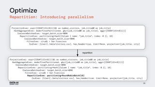 Optimize
Repartition: Introducing parallelism
35
ProjectionExec: expr=[COUNT(UInt8(1))@1 as number_visitors, job_title@0 as job_title]
HashAggregateExec: mode=FinalPartitioned, gby=[job_title@0 as job_title], aggr=[COUNT(UInt8(1))]
CoalesceBatchesExec: target_batch_size=4096
RepartitionExec: partitioning=Hash([Column { name: "job_title", index: 0 }], 16)
CoalesceBatchesExec: target_batch_size=4096
FilterExec: city@1 = San Francisco
CsvExec: files=[./data/visitors.csv], has_header=true, limit=None, projection=[job_title, city]
repartition
ProjectionExec: expr=[COUNT(UInt8(1))@1 as number_visitors, job_title@0 as job_title]
HashAggregateExec: mode=FinalPartitioned, gby=[job_title@0 as job_title], aggr=[COUNT(UInt8(1))]
CoalesceBatchesExec: target_batch_size=4096
RepartitionExec: partitioning=Hash([Column { name: "job_title", index: 0 }], 16)
CoalesceBatchesExec: target_batch_size=4096
FilterExec: city@1 = San Francisco
RepartitionExec: partitioning=RoundRobinBatch(16)
CsvExec: files=[./data/visitors.csv], has_header=true, limit=None, projection=[job_title, city]
 
