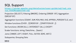 SQL Support
https://arrow.apache.org/datafusion/user-guide/sql/sql_sta
tus.html#supported-sql
Projection (SELECT), Filtering (WHERE), Ordering (ORDER BY), Aggregation
(GROUP BY)
Aggregation functions (COUNT, SUM, MIN, MAX, AVG, APPROX_PERCENTILE, etc)
Window functions (OVER .. ([ORDER BY ...] [PARTITION BY ..])
Set functions: UNION (ALL), INTERSECT (ALL), EXCEPT
Scalar functions: string, Date/time,... (basic)
Joins (INNER, LEFT, RIGHT, FULL OUTER, SEMI, ANTI)
Subqueries, Grouping Sets
38
 