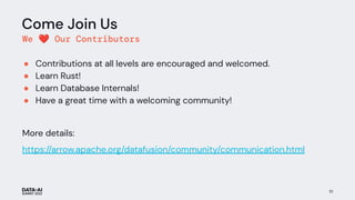 Come Join Us
We ❤ Our Contributors
● Contributions at all levels are encouraged and welcomed.
● Learn Rust!
● Learn Database Internals!
● Have a great time with a welcoming community!
More details:
https://arrow.apache.org/datafusion/community/communication.html
51
 