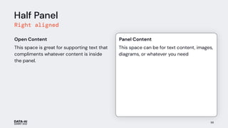 Half Panel
Right aligned
88
This space is great for supporting text that
compliments whatever content is inside
the panel.
Open Content
This space can be for text content, images,
diagrams, or whatever you need
Panel Content
 