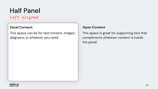 Half Panel
Left aligned
89
This space can be for text content, images,
diagrams, or whatever you need
Panel Content
This space is great for supporting text that
compliments whatever content is inside
the panel.
Open Content
 