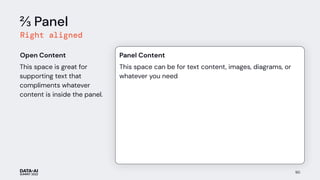 ⅔ Panel
Right aligned
90
This space can be for text content, images, diagrams, or
whatever you need
Panel Content
This space is great for
supporting text that
compliments whatever
content is inside the panel.
Open Content
 