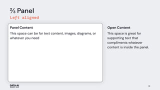 ⅔ Panel
Left aligned
91
This space can be for text content, images, diagrams, or
whatever you need
Panel Content
This space is great for
supporting text that
compliments whatever
content is inside the panel.
Open Content
 