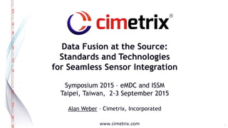 www.cimetrix.com
Symposium 2015 – eMDC and ISSM
Taipei, Taiwan, 2-3 September 2015
Alan Weber – Cimetrix, Incorporated
Data Fusion at the Source:
Standards and Technologies
for Seamless Sensor Integration
1
 
