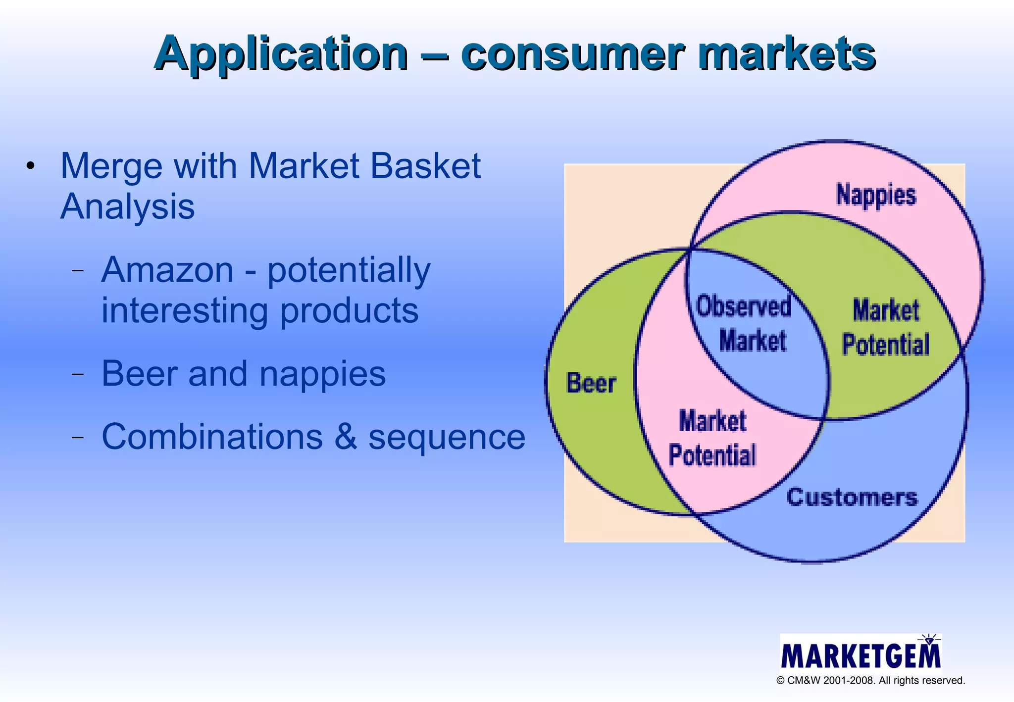 Application – consumer markets Merge with Market Basket Analysis Amazon - potentially interesting products Beer and nappies Combinations & sequence 