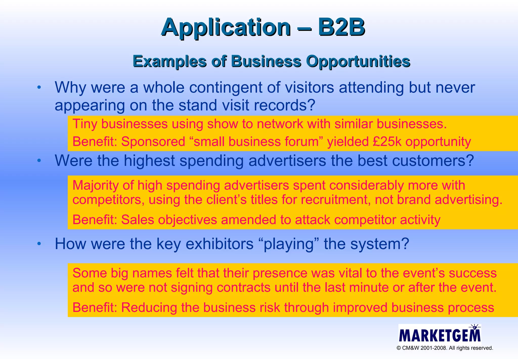 Why were a whole contingent of visitors attending but never appearing on the stand visit records? Were the highest spending advertisers the best customers? How were the key exhibitors “playing” the system? Application – B2B Examples of Business Opportunities Tiny businesses using show to network with similar businesses. Benefit: Sponsored “small business forum” yielded £25k opportunity Majority of high spending advertisers spent considerably more with competitors, using the client’s titles for recruitment, not brand advertising. Benefit: Sales objectives amended to attack competitor activity Some big names felt that their presence was vital to the event’s success and so were not signing contracts until the last minute or after the event. Benefit: Reducing the business risk through improved business process 