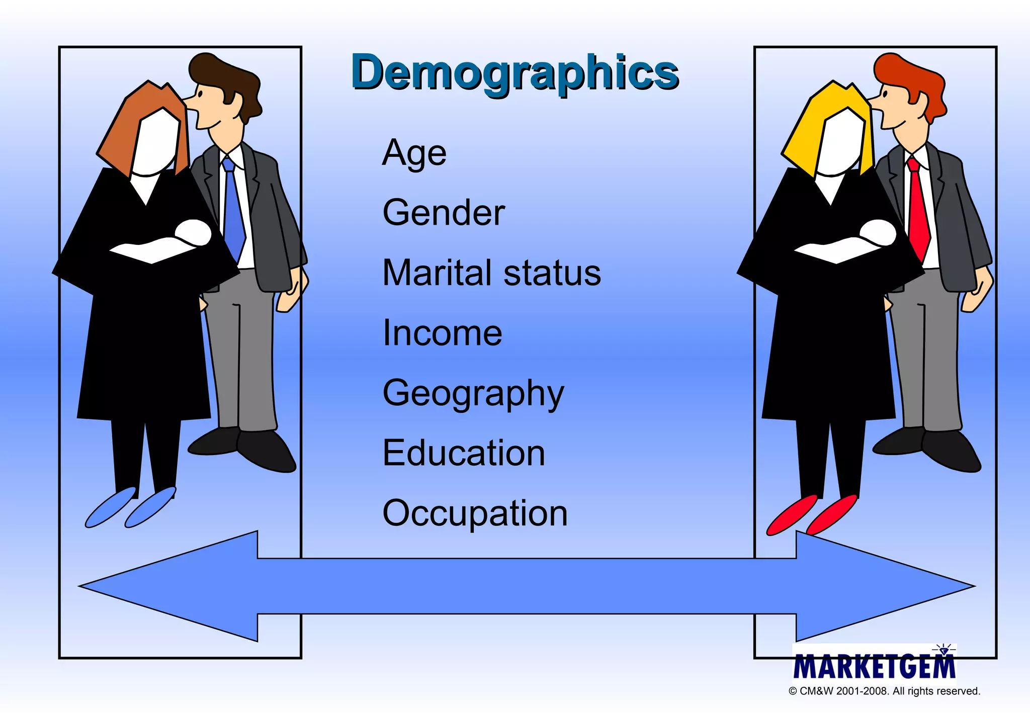 Demographics Age Gender Marital status Income Geography Education Occupation 