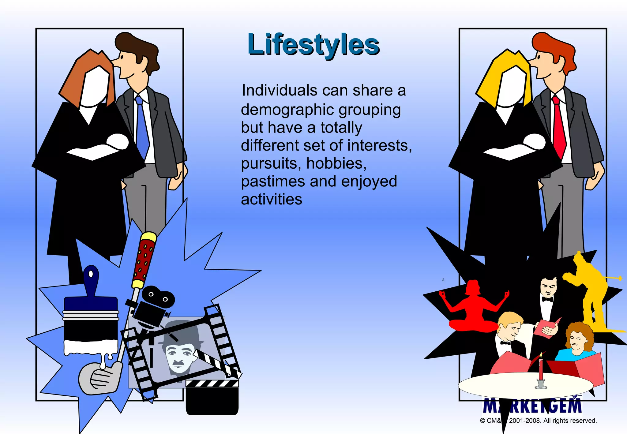 Lifestyles Individuals can share a demographic grouping but have a totally different set of interests, pursuits, hobbies, pastimes and enjoyed activities 