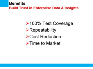 Benefits
Build Trust in Enterprise Data & Insights
100% Test Coverage
Repeatability
Cost Reduction
Time to Market