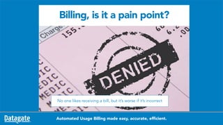 1Automated Usage Billing made easy, accurate, efficient.
Billing, is it a pain point?
No one likes receiving a bill, but it’s worse if it’s incorrect
 