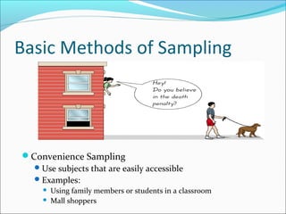 Basic Methods of Sampling
Convenience Sampling
Use subjects that are easily accessible
Examples:
 Using family members or students in a classroom
 Mall shoppers
 