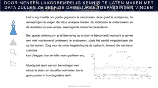 Copyright 2019 © - All rights reserved
DOOR MENSEN LAAGDREMPELIG KENNIS TE LATEN MAKEN MET
DATA ZULLEN ZE ZELF DE DAGELIJKSE TOEPASSINGEN VINDEN
Het is erg moeilijk om goede gegevens te verzamelen, deze goed te analyseren, de
aanwijzingen te volgen die deze analyses bieden, de implicaties te onderzoeken en
de resultaten op een eerlijke, overtuigende manier te presenteren.
Een goede oefening om praktijkervaring op te doen is bijvoorbeeld opdracht te geven
een veel voorkomend onderwerp te analyseren, zoals het aantal vergaderingen die
op tijd starten. Zorg voor de juiste begeleiding bij de opdracht, iemand die wat basic
statistiek
kan uitleggen, kan vertellen over grafieken enz.
Moedig het team aan om bevindingen met
elkaar te delen, en dezelfde technieken toe te
gaan passen in hun dagelijkse werk.
 