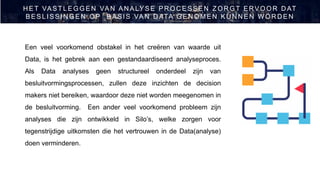 Copyright 2019 © - All rights reserved
Een veel voorkomend obstakel in het creëren van waarde uit
Data, is het gebrek aan een gestandaardiseerd analyseproces.
Als Data analyses geen structureel onderdeel zijn van
besluitvormingsprocessen, zullen deze inzichten de decision
makers niet bereiken, waardoor deze niet worden meegenomen in
de besluitvorming. Een ander veel voorkomend probleem zijn
analyses die zijn ontwikkeld in Silo’s, welke zorgen voor
tegenstrijdige uitkomsten die het vertrouwen in de Data(analyse)
doen verminderen.
H ET VASTL EGGEN VAN AN ALYSE PR OC ESSEN ZOR GT ERVOOR D AT
BESL ISSIN GEN OP BASIS VAN D ATA GEN OMEN KU N N EN W OR D EN
 
