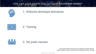 Copyright 2019 © - All rights reserved
H OE EEN D ATA GED R EVEN C U LTU U R GEC R ËER D W OR D T
1. Kritische denkwijze stimuleren
2. Training
3. De juiste mensen
Bron: Organizational Climate and Culture. Benjamin Schneider, Mark G.
Ehrhart, William H. Macey. Annual Review of Psychology 2013 64:1, 361-388
 