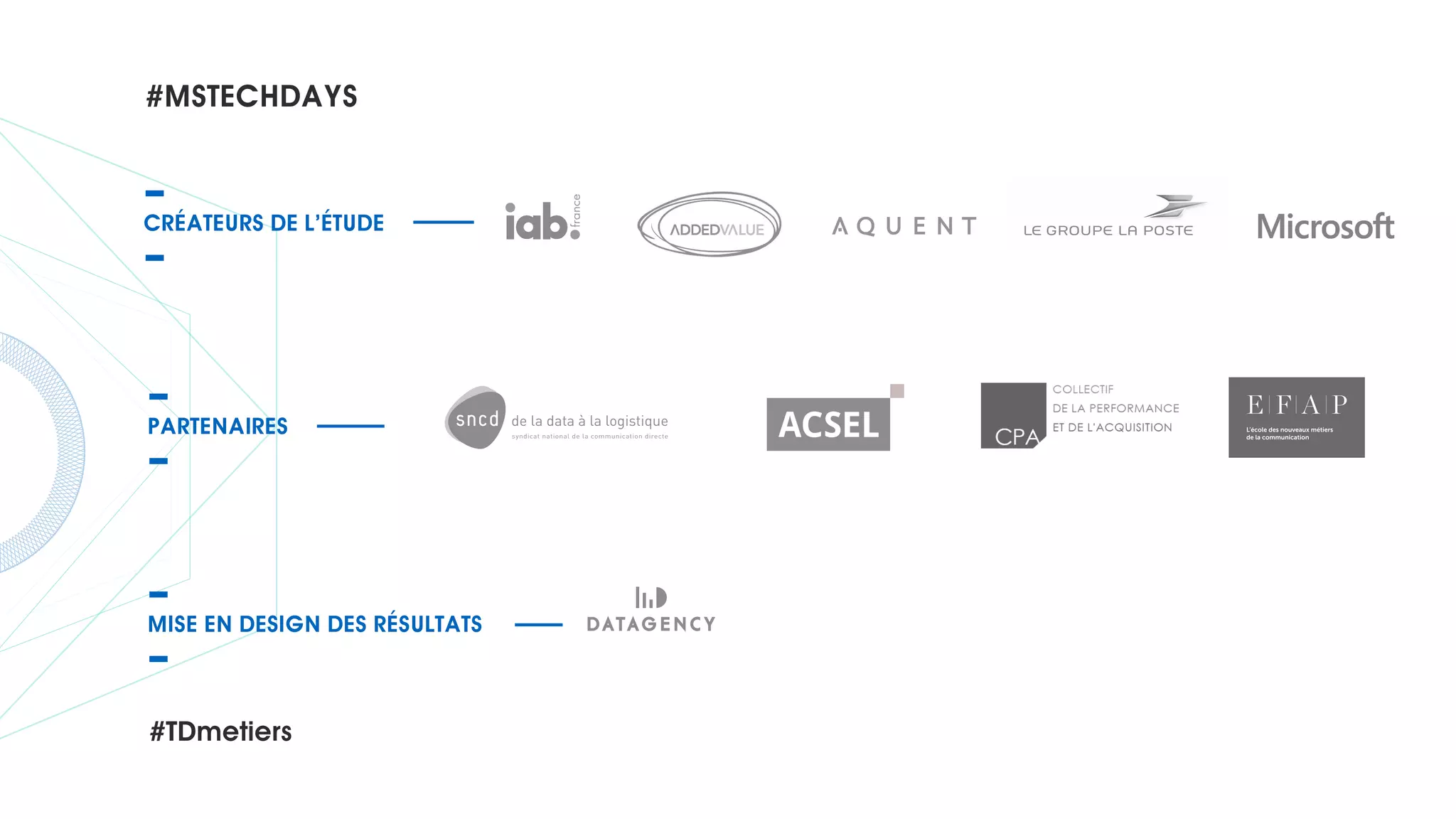 CRÉATEURS DE L’ÉTUDE
PARTENAIRES
MISE EN DESIGN DES RÉSULTATS
de la data à la logistique
#MSTECHDAYS
#TDmetiers
 