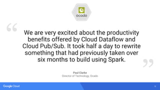 15
“
”
We are very excited about the productivity
benefits offered by Cloud Dataflow and
Cloud Pub/Sub. It took half a day to rewrite
something that had previously taken over
six months to build using Spark.
Paul Clarke
Director of Technology, Ocado
 