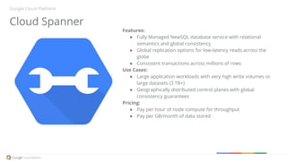Features:
● Fully Managed NewSQL database service with relational
semantics and global consistency
● Global replication options for low-latency reads across the
globe
● Consistent transactions across millions of rows
Use Cases:
● Large application workloads with very high write volumes or
large datasets (3 TB+)
● Geographically distributed control planes with global
consistency guarantees
Pricing:
● Pay per hour of node compute for throughput
● Pay per GB/month of data stored
Cloud Spanner
Google Cloud Platform
 