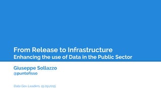 From Release to Infrastructure
Enhancing the use of Data in the Public Sector
Giuseppe Sollazzo
@puntofisso
Data Gov Leaders, 15.09.2015
 