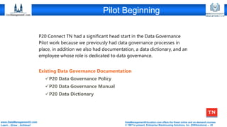 DataManagementEducation.com offers the finest online and on-demand courses
© 1997 to present, Enterprise Warehousing Solutions, Inc. (EWSolutions) – 20
www.DataManagementU.com
Learn…Grow…Achieve!
Pilot Beginning
P20 Connect TN had a significant head start in the Data Governance
Pilot work because we previously had data governance processes in
place, in addition we also had documentation, a data dictionary, and an
employee whose role is dedicated to data governance.
Existing Data Governance Documentation
✓P20 Data Governance Policy
✓P20 Data Governance Manual
✓P20 Data Dictionary
 