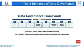 DataManagementEducation.com offers the finest online and on-demand courses
© 1997 to present, Enterprise Warehousing Solutions, Inc. (EWSolutions) – 5
www.DataManagementU.com
Learn…Grow…Achieve!
The 8 Elements of Data Governance
Chances are you are already governing data informally.
This framework will streamline the data governance process for reuse and completeness.
Organization Policies Procedures
Standards/
Definitions
Architecture
Data Admin/
Controls
Metrics/
Reporting
Audits
Manage – Control - Sustain
Data Governance Framework
1 2 3 4 5 6 7 8
 