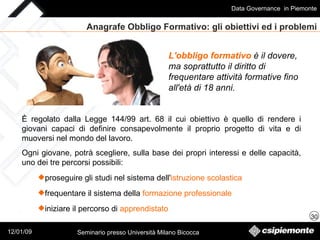 Anagrafe Obbligo Formativo: gli obiettivi ed i problemi È regolato dalla Legge 144/99 art. 68 il cui obiettivo è quello di rendere i giovani capaci di definire consapevolmente il proprio progetto di vita e di muoversi nel mondo del lavoro. Ogni giovane, potrà scegliere, sulla base dei propri interessi e delle capacità, uno dei tre percorsi possibili:  proseguire gli studi nel sistema dell' istruzione scolastica   frequentare il sistema della  formazione professionale   iniziare il percorso di  apprendistato  L'obbligo formativo  è il dovere, ma soprattutto il diritto di frequentare attività formative fino all'età di 18 anni. 