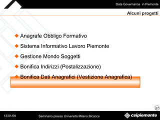 Alcuni progetti Anagrafe Obbligo Formativo Sistema Informativo Lavoro Piemonte Gestione Mondo Soggetti Bonifica Indirizzi (Postalizzazione) Bonifica Dati Anagrafici (Vestizione Anagrafica) 
