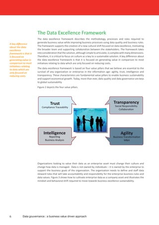 The Data Excellence Framework
The data excellence framework describes the methodology, processes and roles required to
generate business value while improving business processes using data quality and business rules.
The framework supports the creation of a new cultural shift focused on data excellence, motivating
the broader team and supporting collaboration between the stakeholders. The framework takes
intoconsiderationthatthesolution,althoughsimpletoarticulate,iscomplexwithmanydimensions.
Therefore, it is critical to focus on culture as a key to a sustainable solution. A key difference about
the data excellence framework is that it is focused on generating value in comparison to most
initiatives relating to data which are only focused on reducing costs.
The data excellence framework is based on four value pillars that we believe are essential to the
survival of any organization or enterprise in the information age: agility, trust, intelligence and
transparency. These characteristics are fundamental value pillars to enable business sustainability
and support economical growth. Today, more than ever, data quality and data governance are keys
to global sustainability.
Figure 2 depicts the four value pillars.
Organizations looking to value their data as an enterprise asset must change their culture and
change how data is managed. Data is not owned by individuals – it is owned by the enterprise to
support the business goals of the organization. The organization needs to define and staff data
steward roles that will take accountability and responsibility for the enterprise business rules and
data values. Figure 3 shows how to cultivate enterprise data as a company asset and illustrates the
mindset and behavioral shift required to move towards business excellence sustainability.
A key difference
about the data
excellence
framework is that it
is focused on
generating value in
comparison to most
initiatives relating
to data which are
only focused on
reducing costs.
Data gouvernance : a business value driven approach6
Transparency
Social Responsibility
Collaboration
Agility
Business Transformation
M&A
Intelligence
Reporting
Business Analysis
Trust
Compliance Traceability
 