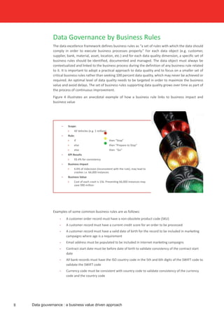 Data Governance by Business Rules
The data excellence framework defines business rules as “a set of rules with which the data should
comply in order to execute business processes properly.” For each data object (e.g. customer,
supplier, bank, material, asset, location, etc.) and for each data quality dimension, a specific set of
business rules should be identified, documented and managed. The data object must always be
contextualized and linked to the business process during the definition of any business rule related
to it. It is important to adopt a practical approach to data quality and to focus on a smaller set of
critical business rules rather than seeking 100 percent data quality, which may never be achieved or
required. An optimal level of data quality needs to be targeted in order to maximize the business
value and avoid delays. The set of business rules supporting data quality grows over time as part of
the process of continuous improvement.
Figure 4 illustrates an anecdotal example of how a business rule links to business impact and
business value
Examples of some common business rules are as follows:
•	 A customer order record must have a non-obsolete product code (SKU)
•	 A customer record must have a current credit score for an order to be processed
•	 A customer record must have a valid date of birth for the record to be included in marketing
campaigns where age is a requirement
•	 Email address must be populated to be included in internet marketing campaigns
•	 Contract start date must be before date of birth to validate consistency of the contract start
date
•	 All bank records must have the ISO country code in the 5th and 6th digits of the SWIFT code to
validate the SWIFT code
•	 Currency code must be consistent with country code to validate consistency of the currency
code and the country code
•	 Scope:
»» All Vehicles (e.g. 1 million)
•	 Rule:
»» if			 then “Stop”
»» else			 then “Prepare to Stop”
»» else			 then “Go”
•	 KPI Results
»» 93.4% for consistency
•	 Business Impact
»» 6.6% of indecision (inconsistent with the rule), may lead to
crashes i.e. 66,000 instances
•	 Business Value
»» Cost of each crash is 15k. Preventing 66,000 instances may
save 990 million
Data gouvernance : a business value driven approach8
 